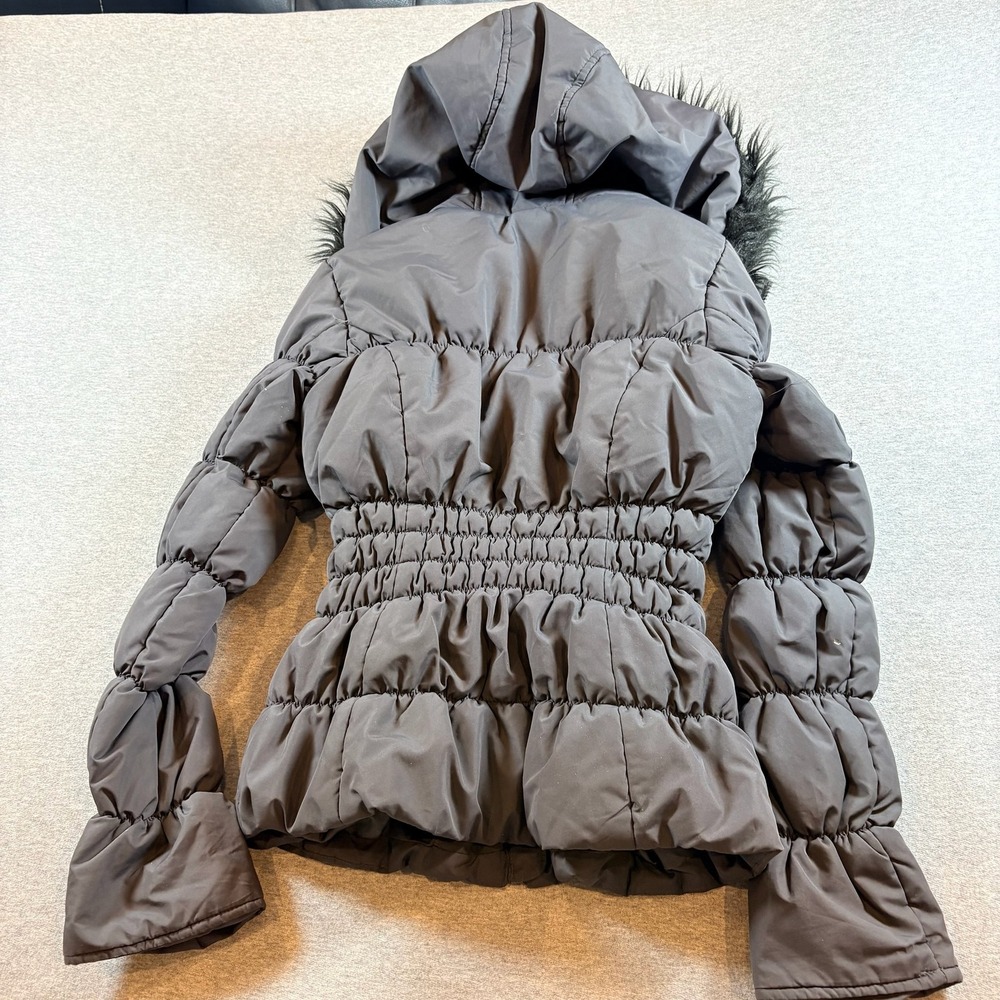 Maralyn & Me Puffer Jacket Womens Size M Black Faux Fur Hood Cinched Waist - Picture 7 of 7